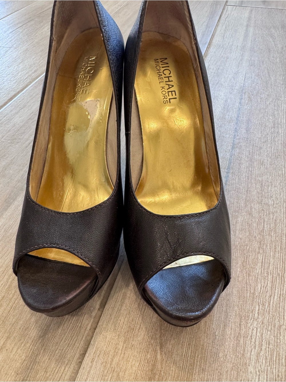 MICHAEL Michael Kors Dark Brown Peep-Toe Leather Pumps with Gold Insole